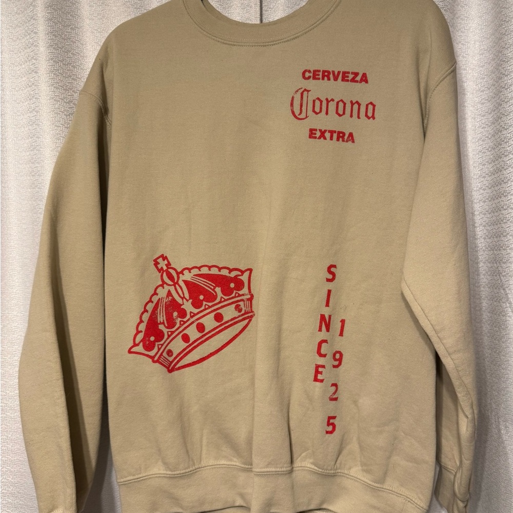 Corona All Over Print Beige Crewneck Sweater with Red Graphics